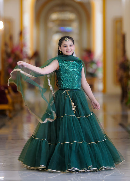 Seerat Laadli – Girls Dark Green Zari Cotton Choli & Net Lehenga (3-Piece)