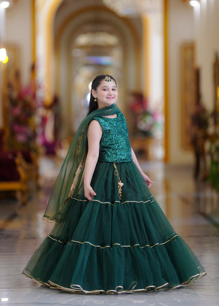 Seerat Laadli – Girls Dark Green Zari Cotton Choli & Net Lehenga (3-Piece)