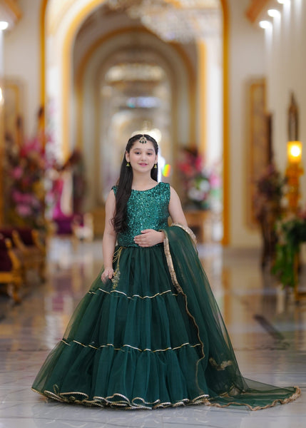 Seerat Laadli – Girls Dark Green Zari Cotton Choli & Net Lehenga (3-Piece)