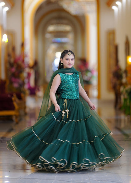 Seerat Laadli – Girls Dark Green Zari Cotton Choli & Net Lehenga (3-Piece)
