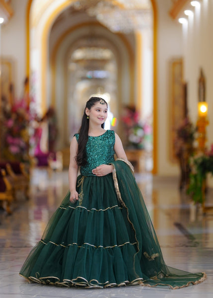 Seerat Laadli – Girls Dark Green Zari Cotton Choli & Net Lehenga (3-Piece)