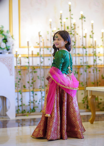 Seerat BAALA girls multi-color raw silk choli and jamawar lehenga front view
Close-up of intricate Adda work (cutdana & dabka) on Seerat BAALA choli