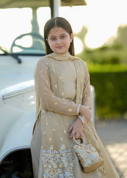 Seerat SADAF girls beige luxury silk gown and lehenga 4-piece set
Detailed embroidery on Seerat SADAF beige silk gown
Full silhouette of Seerat SADAF multi-layered beige silk lehenga