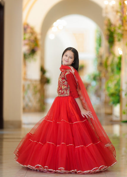 Seerat Anarkali – Girls Red Net Choli & Multi-Layered Lehenga with Adda Work (3-Piece)