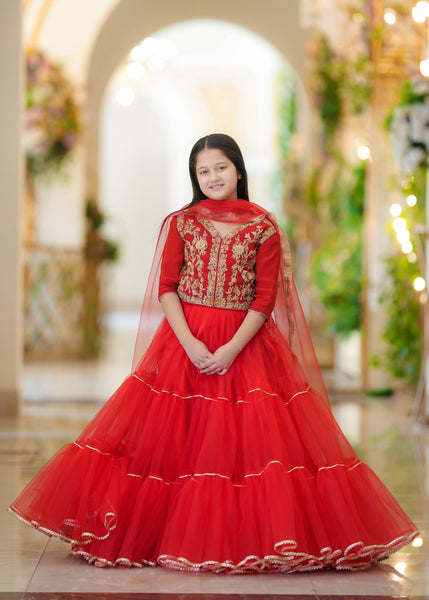 Seerat Anarkali – Girls Red Net Choli & Multi-Layered Lehenga with Adda Work (3-Piece)