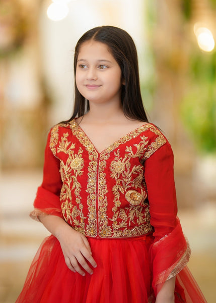 Seerat Anarkali – Girls Red Net Choli & Multi-Layered Lehenga with Adda Work (3-Piece)