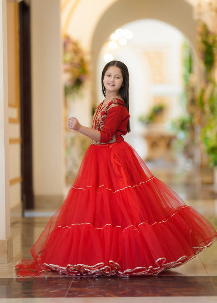 Seerat Anarkali – Girls Red Net Choli & Multi-Layered Lehenga with Adda Work (3-Piece)