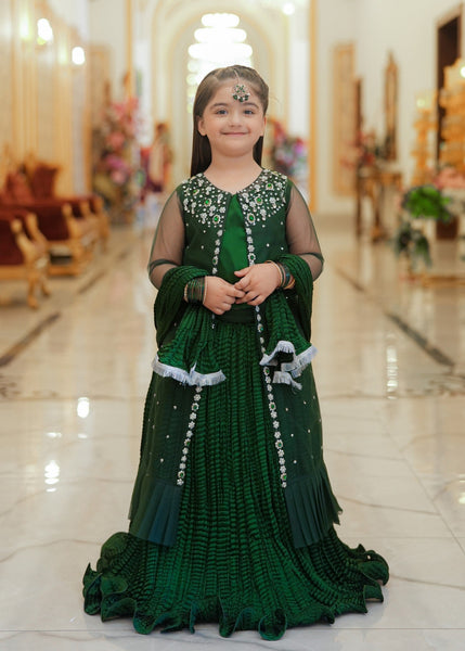 Seerat Sara – Girls Bottle Green Bareeze Net Gown & Crush Silk Lehenga (4-Piece)