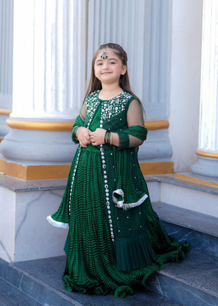 Seerat Sara – Girls Bottle Green Bareeze Net Gown & Crush Silk Lehenga (4-Piece)