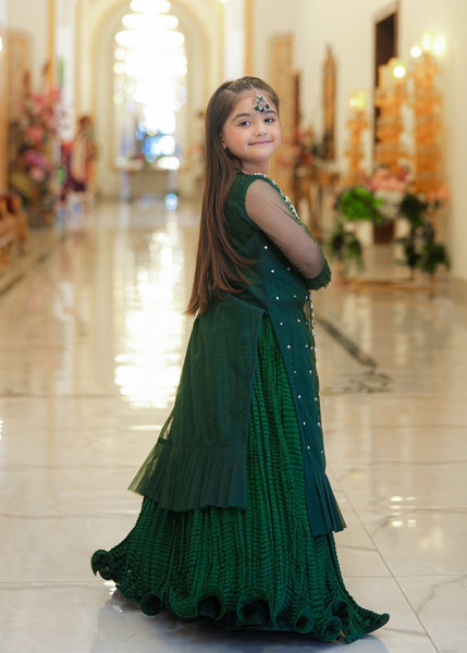Seerat Sara – Girls Bottle Green Bareeze Net Gown & Crush Silk Lehenga (4-Piece)