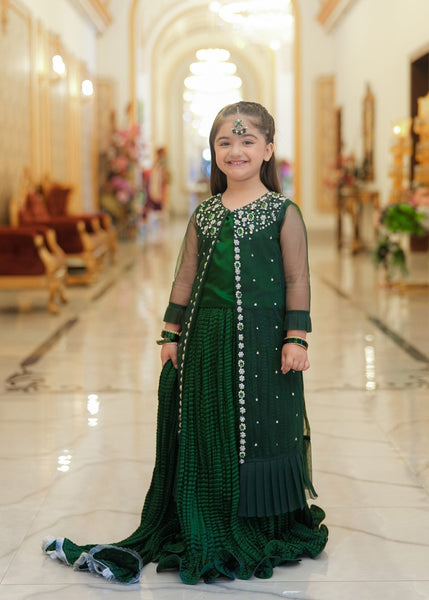 Seerat Sara – Girls Bottle Green Bareeze Net Gown & Crush Silk Lehenga (4-Piece)