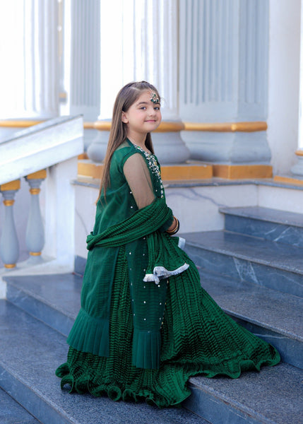Seerat Sara – Girls Bottle Green Bareeze Net Gown & Crush Silk Lehenga (4-Piece)