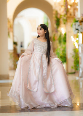 Seerat Rohma – Girls Tea Rose & Baby Pink Silk Long Shirt & Lehenga (2-Piece)