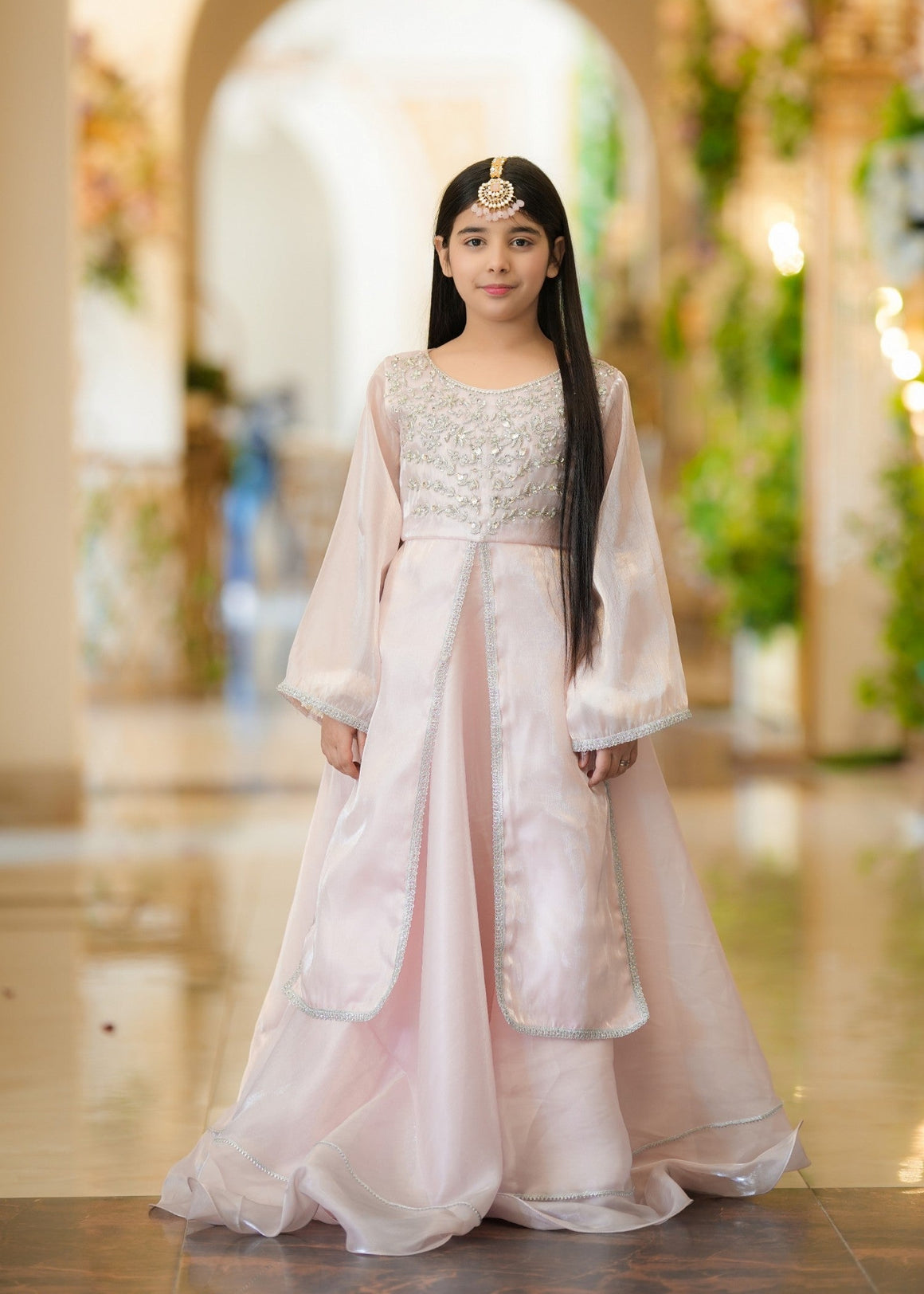 Seerat Rohma – Girls Tea Rose & Baby Pink Silk Long Shirt & Lehenga (2-Piece)