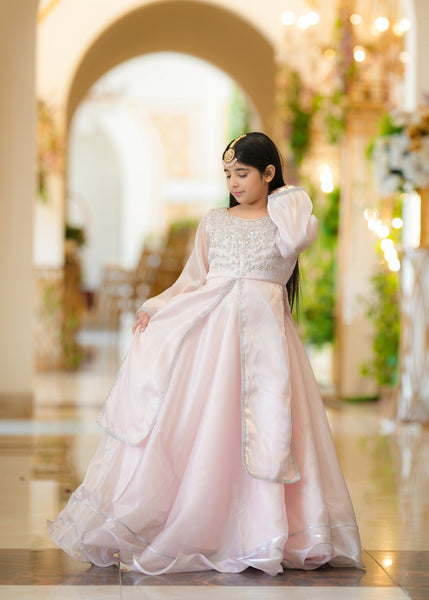 Seerat Rohma – Girls Tea Rose & Baby Pink Silk Long Shirt & Lehenga (2-Piece)