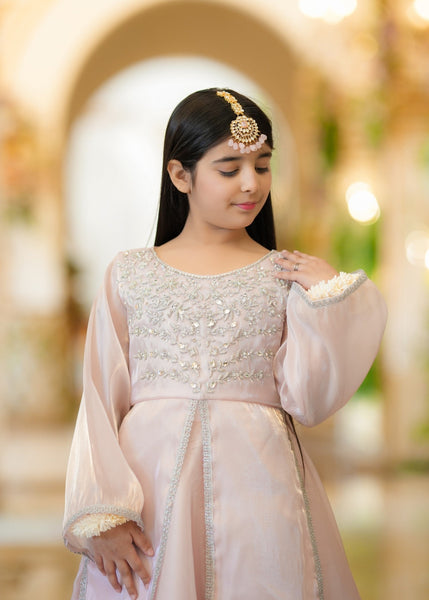 Seerat Rohma – Girls Tea Rose & Baby Pink Silk Long Shirt & Lehenga (2-Piece)