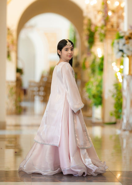 Seerat Rohma – Girls Tea Rose & Baby Pink Silk Long Shirt & Lehenga (2-Piece)