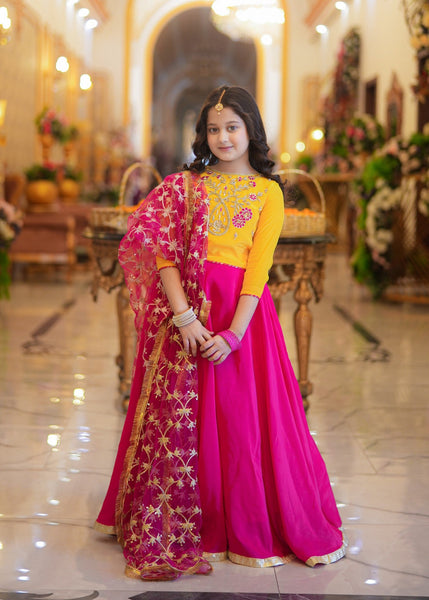 SeeratNoorbano – Vibrant Yellow &amp; Shocking Pink Silk Lehenga Set 3-Piece Set