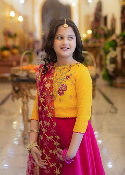 SeeratNoorbano – Vibrant Yellow &amp; Shocking Pink Silk Lehenga Set 3-Piece Set