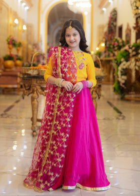SeeratNoorbano – Vibrant Yellow &amp; Shocking Pink Silk Lehenga Set 3-Piece Set