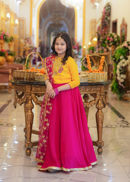 SeeratNoorbano – Vibrant Yellow &amp; Shocking Pink Silk Lehenga Set 3-Piece Set