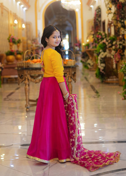 SeeratNoorbano – Vibrant Yellow &amp; Shocking Pink Silk Lehenga Set 3-Piece Set