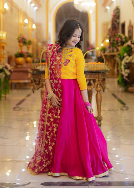 SeeratNoorbano – Vibrant Yellow &amp; Shocking Pink Silk Lehenga Set 3-Piece Set