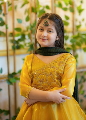 Seerat Mushq – Girls Gold Silk Peplum & Multi-Layered Lehenga (3-Piece)
