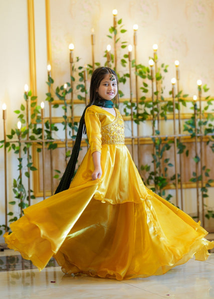 Seerat Mushq – Girls Gold Silk Peplum & Multi-Layered Lehenga (3-Piece)