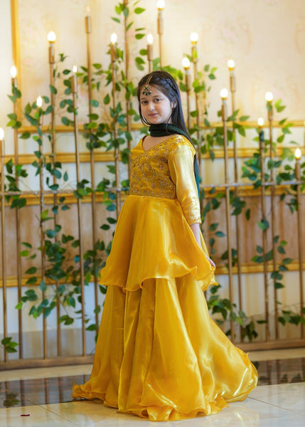 Seerat Mushq – Girls Gold Silk Peplum & Multi-Layered Lehenga (3-Piece)