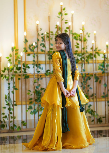 Seerat Mushq – Girls Gold Silk Peplum & Multi-Layered Lehenga (3-Piece)