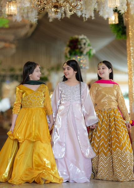 Seerat Mushq – Girls Gold Silk Peplum & Multi-Layered Lehenga (3-Piece)