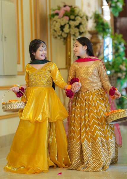 Seerat Mushq – Girls Gold Silk Peplum & Multi-Layered Lehenga (3-Piece)