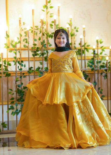 Seerat Mushq – Girls Gold Silk Peplum & Multi-Layered Lehenga (3-Piece)