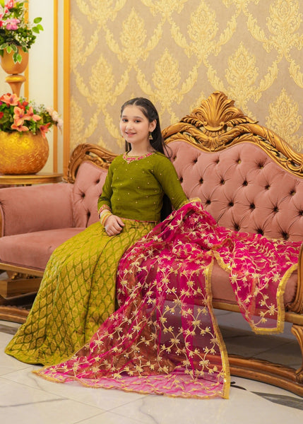 Seerat Seemab – Emerald Green Korean Silk &amp; Jamawar Lehenga Set