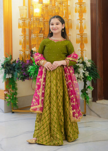 Seerat Seemab – Emerald Green Korean Silk &amp; Jamawar Lehenga Set