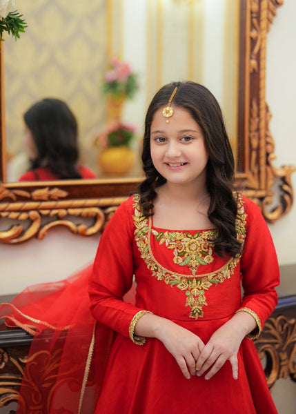 Seerat "HOORIA" Girls' Luxury Tissue Choli & Multi-Layer Silk Lehenga – Radiant Gold 3-Piece Festive Set