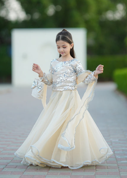 Seerat "CHANDNI" Girls' Luxury Net Gown & Multi-Layer Silk Lehenga – Ethereal Off-White 3-Piece Festive Set