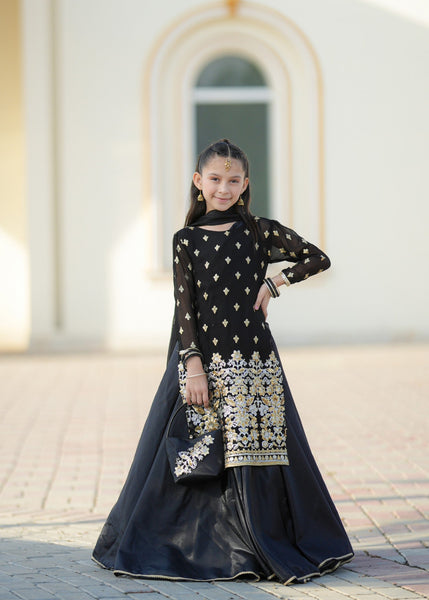 Seerat "AABNOOS" Girls' Luxury Net Choli & Multi-Layer Net Lehenga – Majestic Black 3-Piece Festive Set