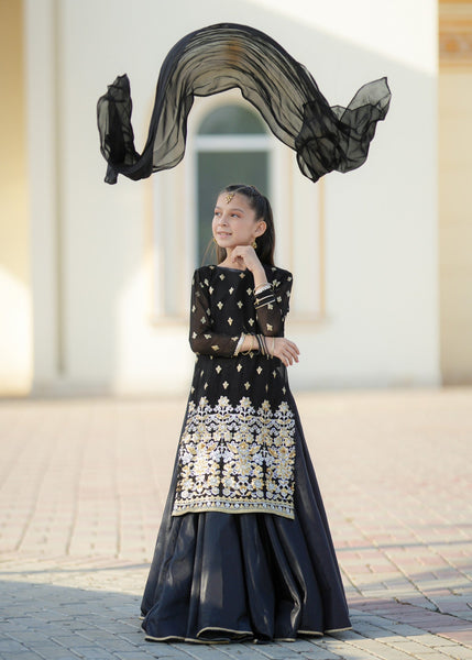 Seerat "AABNOOS" Girls' Luxury Net Choli & Multi-Layer Net Lehenga – Majestic Black 3-Piece Festive Set