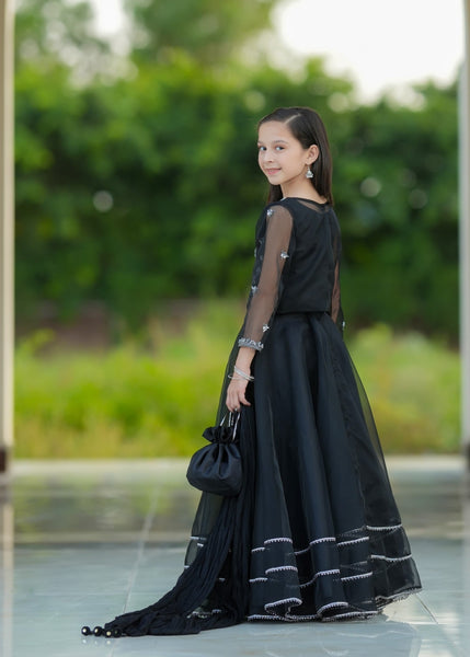 Seerat "KOMAL" Girls' Luxury Net Gown & Multi-Layer Crush Lehenga – Gentle Tea Rose Pink 3-Piece Set