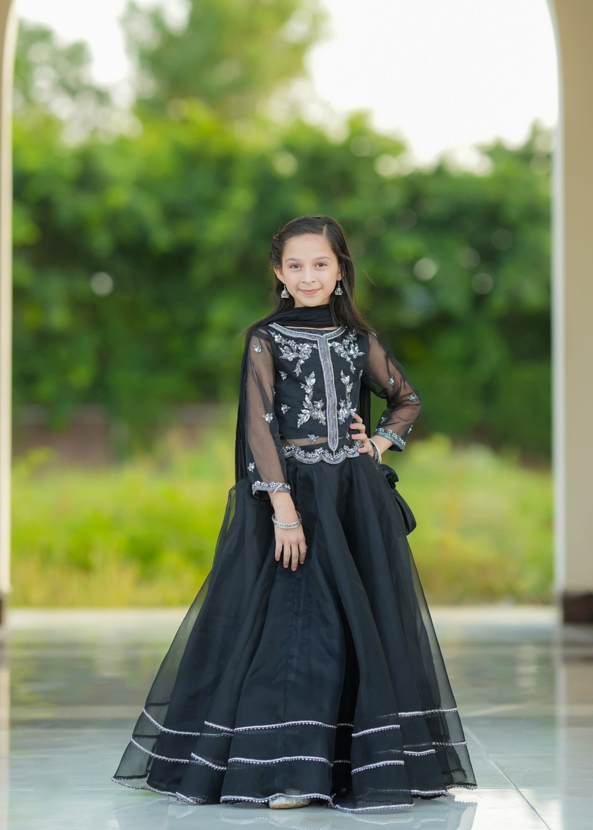 Seerat "KOMAL" Girls' Luxury Net Gown & Multi-Layer Crush Lehenga – Gentle Tea Rose Pink 3-Piece Set