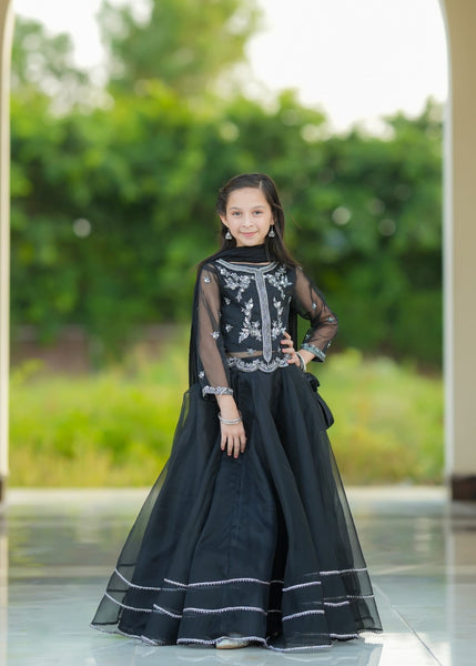 Seerat "KOMAL" Girls' Luxury Net Gown & Multi-Layer Crush Lehenga – Gentle Tea Rose Pink 3-Piece Set