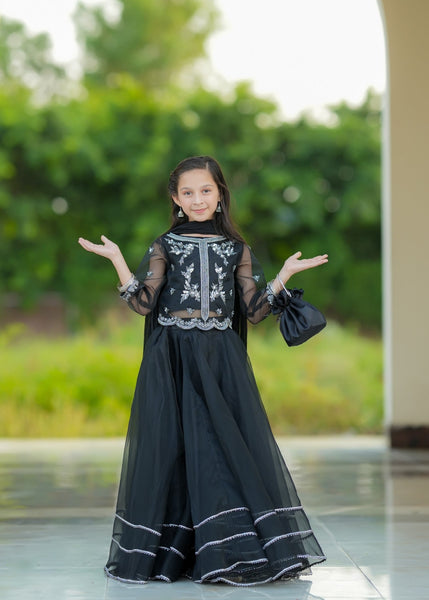 Seerat "KOMAL" Girls' Luxury Net Gown & Multi-Layer Crush Lehenga – Gentle Tea Rose Pink 3-Piece Set