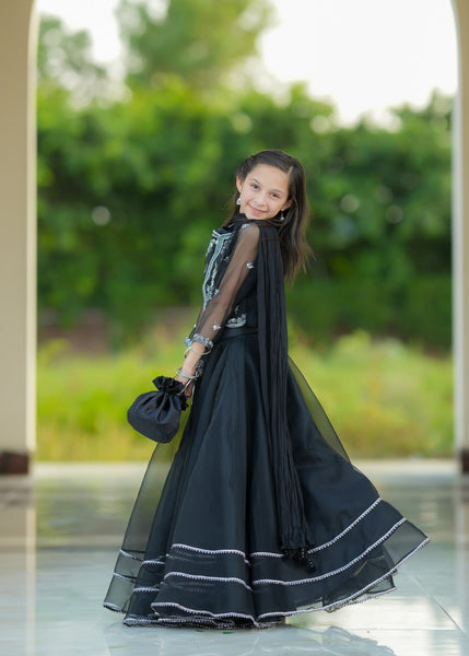 Seerat "KOMAL" Girls' Luxury Net Gown & Multi-Layer Crush Lehenga – Gentle Tea Rose Pink 3-Piece Set