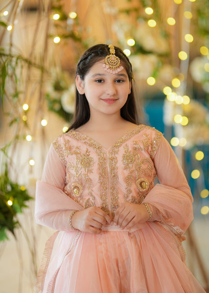 Seerat Haseen – Girls Tea Rose Pink Net Choli & Multi-Layered Lehenga (3-Piece)