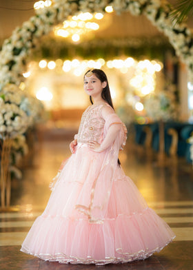 Seerat Haseen – Girls Tea Rose Pink Net Choli & Multi-Layered Lehenga (3-Piece)