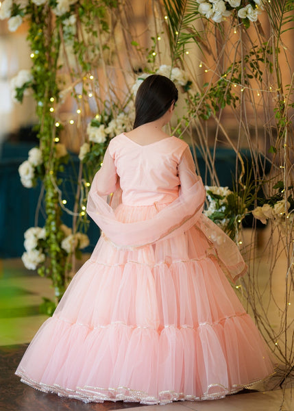 Seerat Haseen – Girls Tea Rose Pink Net Choli & Multi-Layered Lehenga (3-Piece)