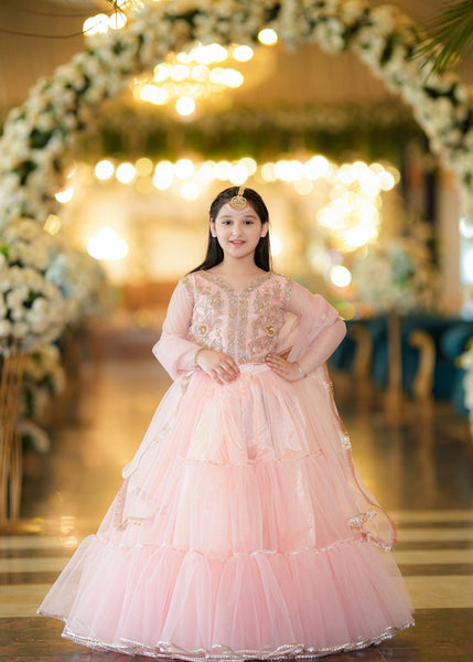 Seerat Haseen – Girls Tea Rose Pink Net Choli & Multi-Layered Lehenga (3-Piece)