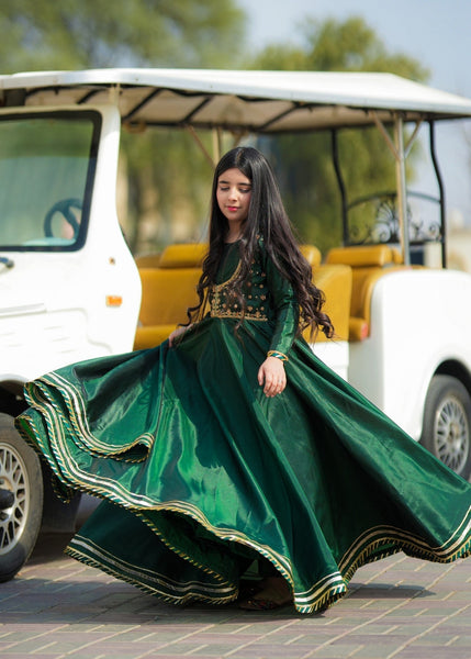 Seerat PARAS girls bottle green silk pishwas with Adda work - Front View
Detailed hand-crafted Adda work on Seerat PARAS silk pishwas bodice
Full silhouette of Seerat PARAS bottle green flared pishwas for kids